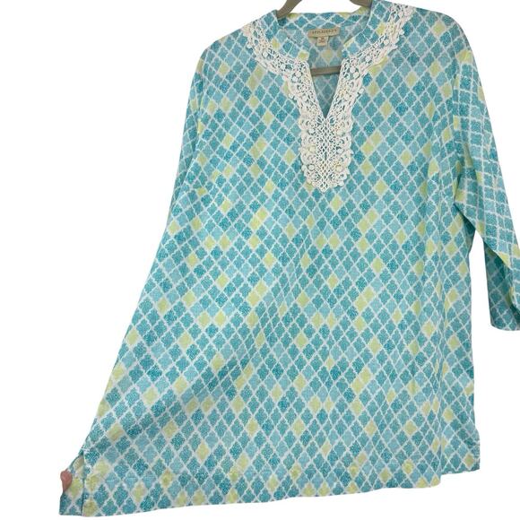 Appleseed's XL Blue Medallion Print Split Neck Tunic 3/4 Sleeve Resort - Picture 7 of 8